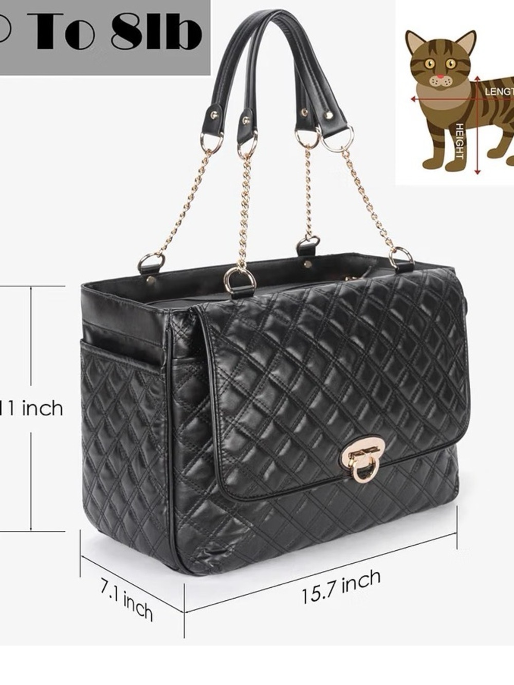 Stylish Quilted Black pet carrier tote bag with Gold Chain Details